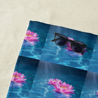  Pink Lotus Flowers Floating on Crystal Blue Water Beach Towel