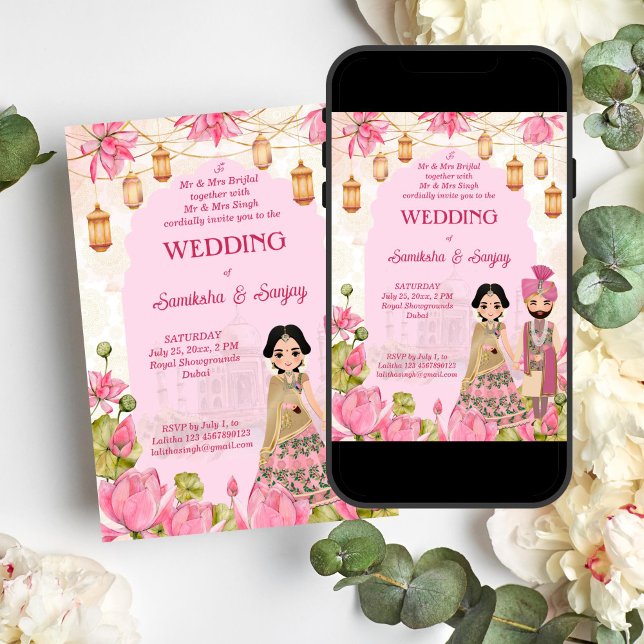 Pink Lotus flowers garlands lantern Indian wedding Invitation (Pink Lotus flowers garlands lantern Indian wedding editable template Invitation digital download)