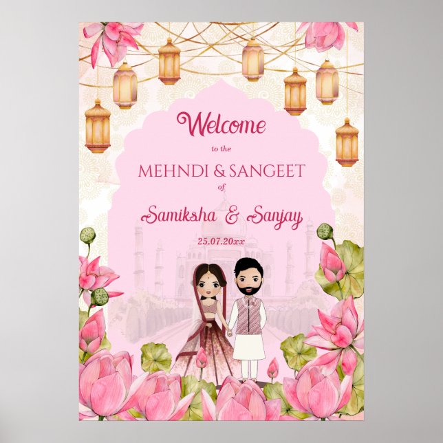 Pink Lotus flowers garlands lantern Indian wedding Poster (Front)