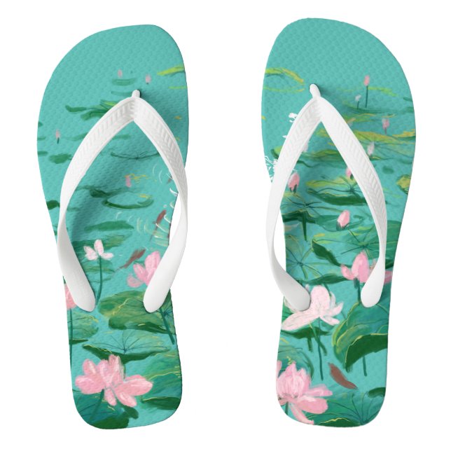 Pink Lotus Flowers Green Leaves Floral Garden Flip Flops (Footbed)