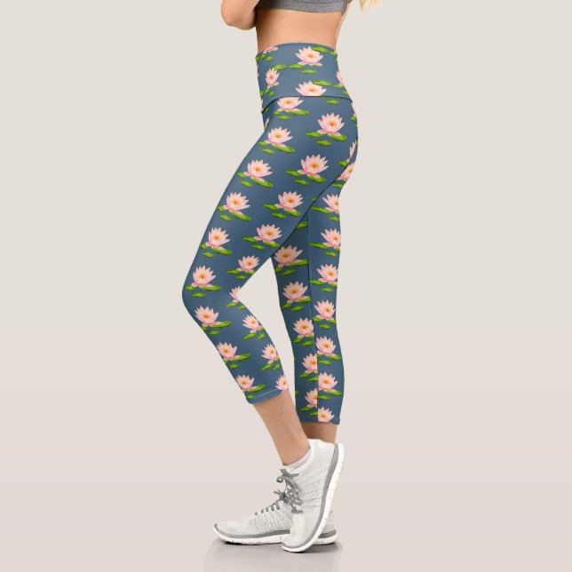 Pink Lotus Flowers & Lily Pads on Blue Yoga Capri Leggings (Left)