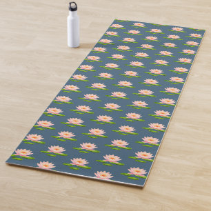 Pink Lotus Flowers & Lily Pads on Blue Yoga Mat