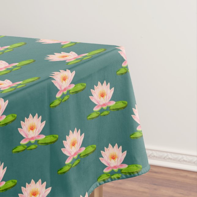 Pink Lotus Flowers & Lily Pads on Sapphire Green Tablecloth (In Situ)