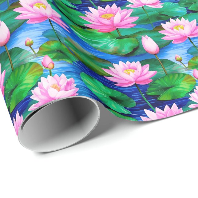 Pink Lotus Flowers on a Pond Wrapping Paper (Roll Corner)