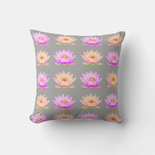 Pink Lotus Flowers on Light Grey Throw Pillow