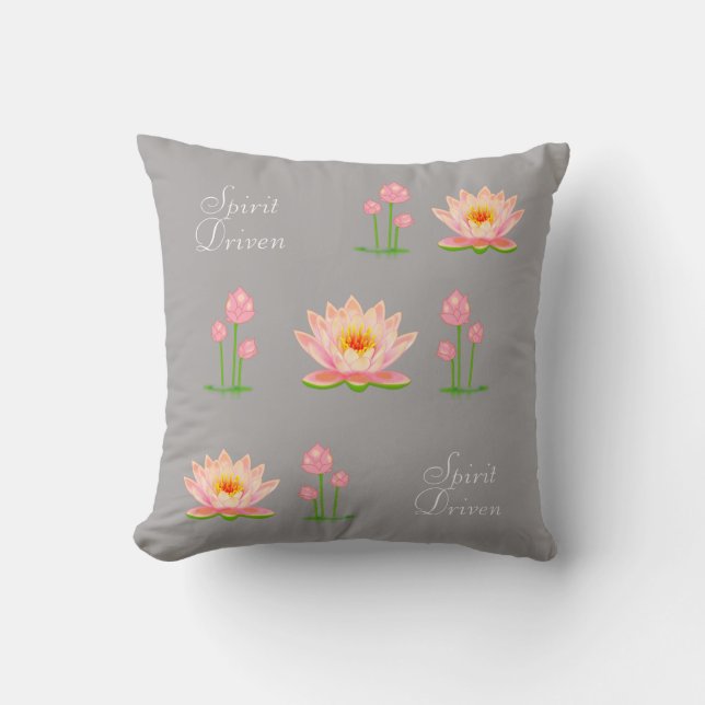Pink Lotus Flowers on Light Silver Grey Cushion (Front)