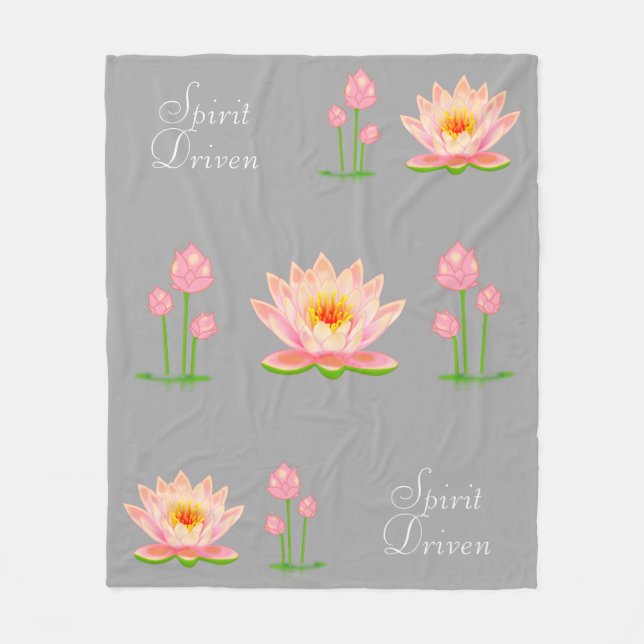 Pink Lotus Flowers on Light Silver Grey Fleece Blanket (Front)