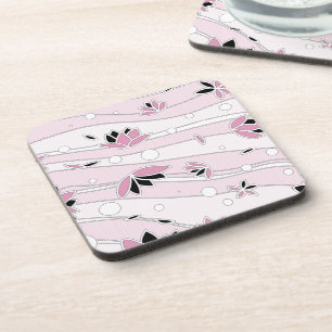 Pink Lotus Flowers on Pink Stripes Coaster