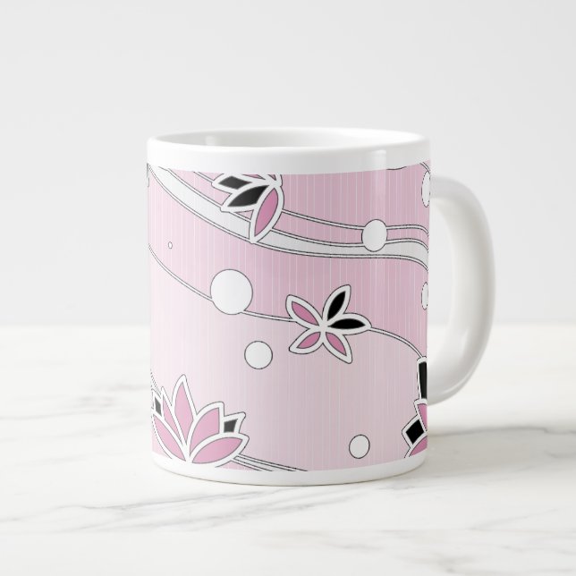 Pink Lotus Flowers on Pink Stripes Large Coffee Mug (Front Right)