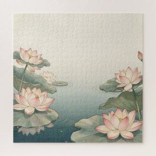 Pink Lotus Flowers Pond Zen Serenity Jigsaw Puzzle
