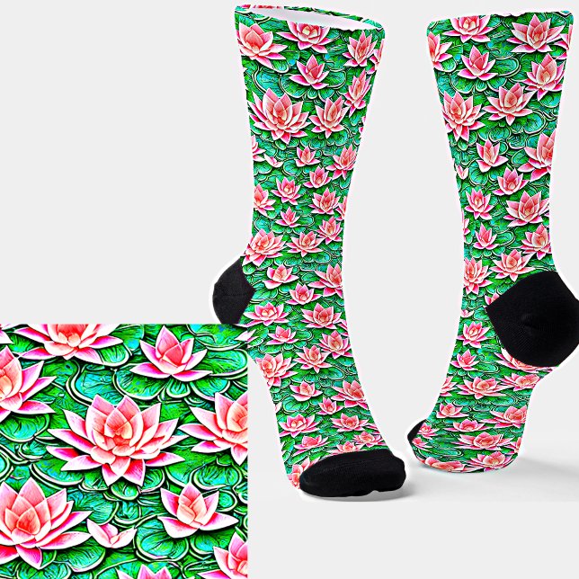 Pink Lotus Flowers Standing Up On Green Leaves  Socks (Creator Uploaded)
