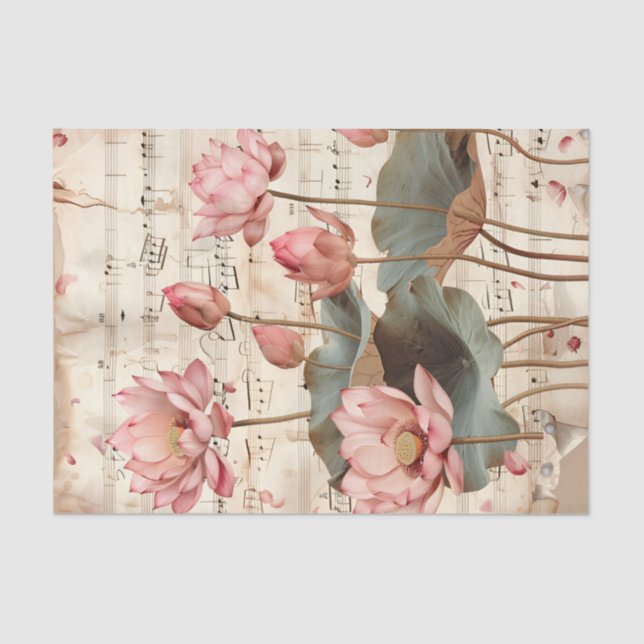 Pink lotus flowers vintage music sheet ephemera (Front)