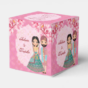 Pink lotus flowers with cute Indian bridal couple Favour Box