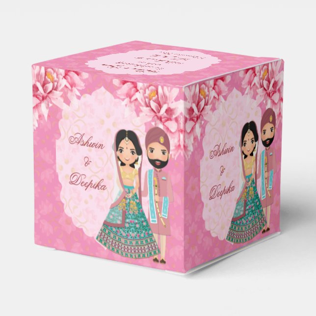 Pink lotus flowers with cute Indian bridal couple Favour Box (Back Side)