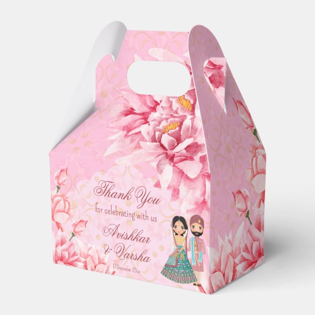 Pink lotus flowers with cute Indian bridal couple  Favour Box (Front Side)