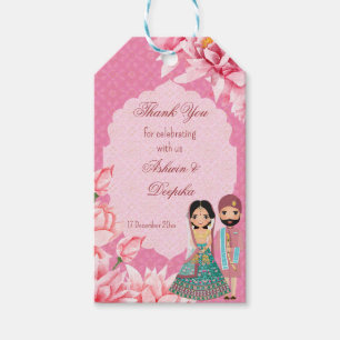 Pink lotus flowers with cute Indian bridal couple  Gift Tags