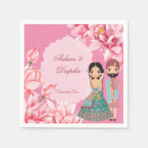 Pink lotus flowers with cute Indian bridal couple  Napkin