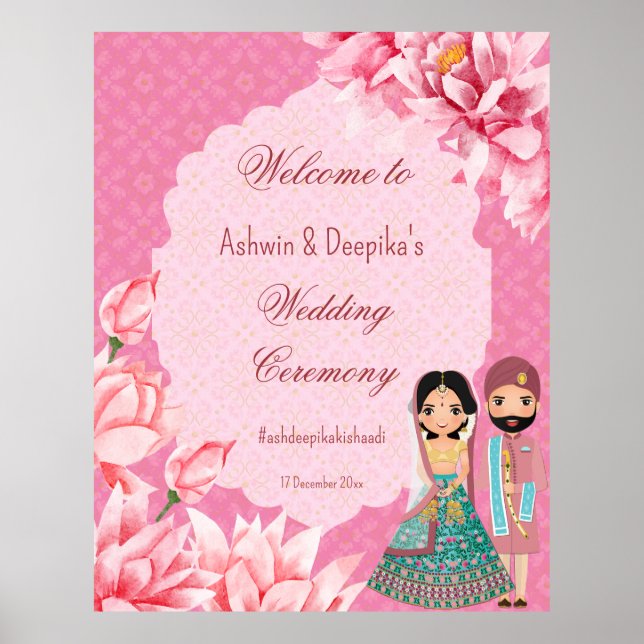 Pink lotus flowers with cute Indian bridal couple Poster (Front)