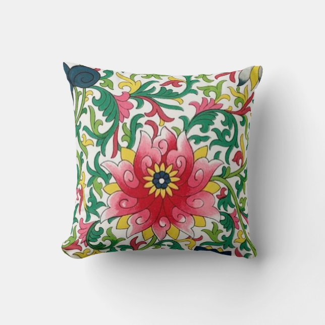 Pink Lotus Garden Chinoiserie Botanical  Cushion (Front)