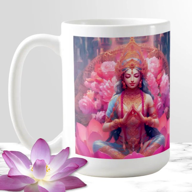 Pink Lotus Goddess Lakshmi on White Coffee Mug (Pink Lotus Goddess of Prosperity Lakshmi on White Mug Spiritual Gift Hindu Diety)