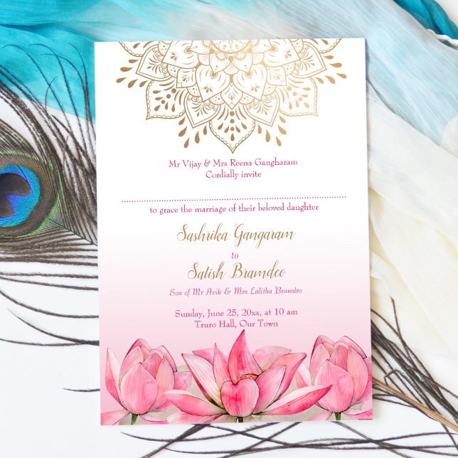 Pink lotus gold mandala Indian wedding  Invitation (Creator Uploaded)