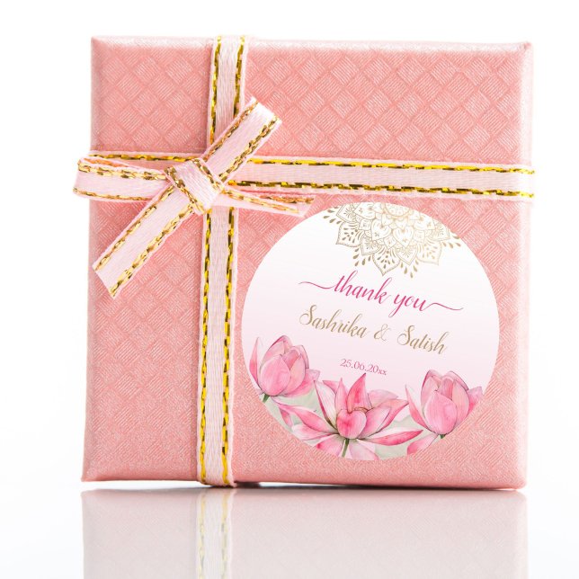 Pink lotus gold mandala Indian wedding thank you Classic Round Sticker (Pink lotus gold mandala Indian wedding thank you favor Sticker thank you stickers favor gifts)