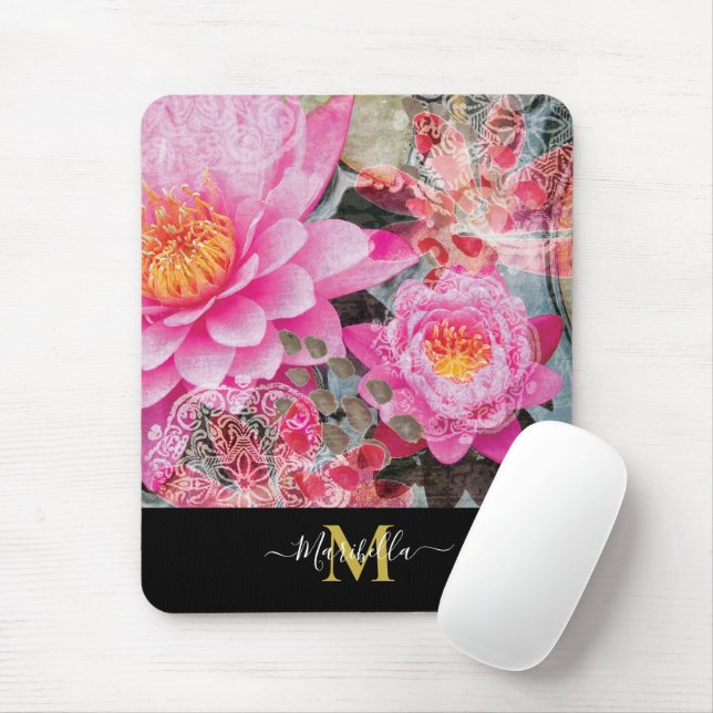 Pink Lotus Lily Mandala Personalise Monogram Mouse Mat (With Mouse)