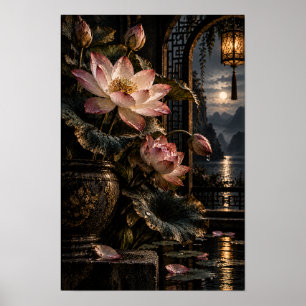Pink Lotus Moonlit Lantern Garden Wall Art