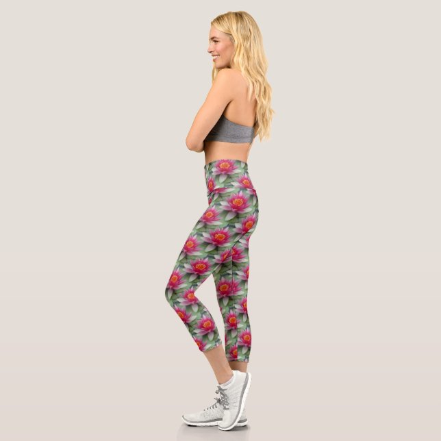 Pink Lotus Water Lily Capri Leggings (Left)