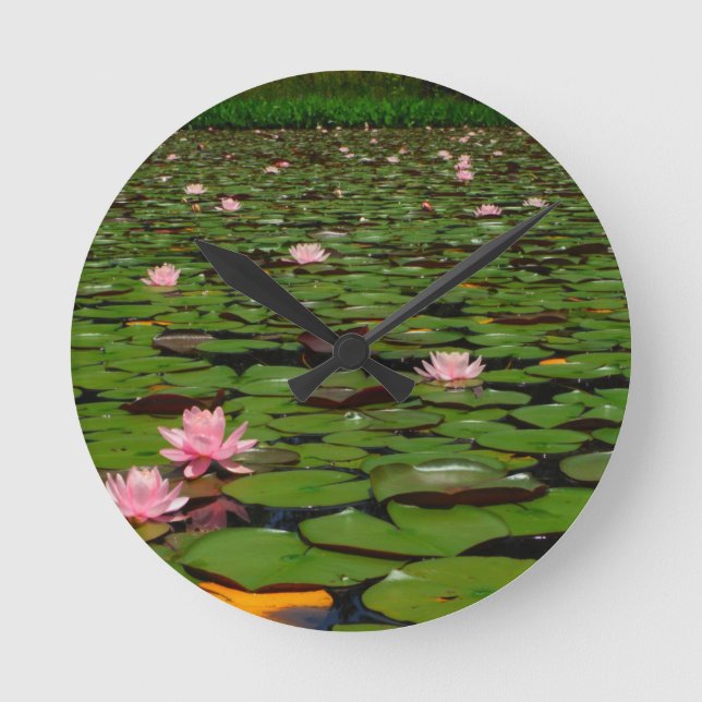 Pink lotus water lily flower pond round clock (Front)