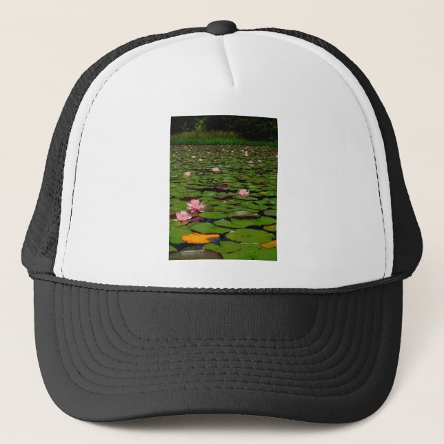 Pink lotus water lily flower pond trucker hat (Front)