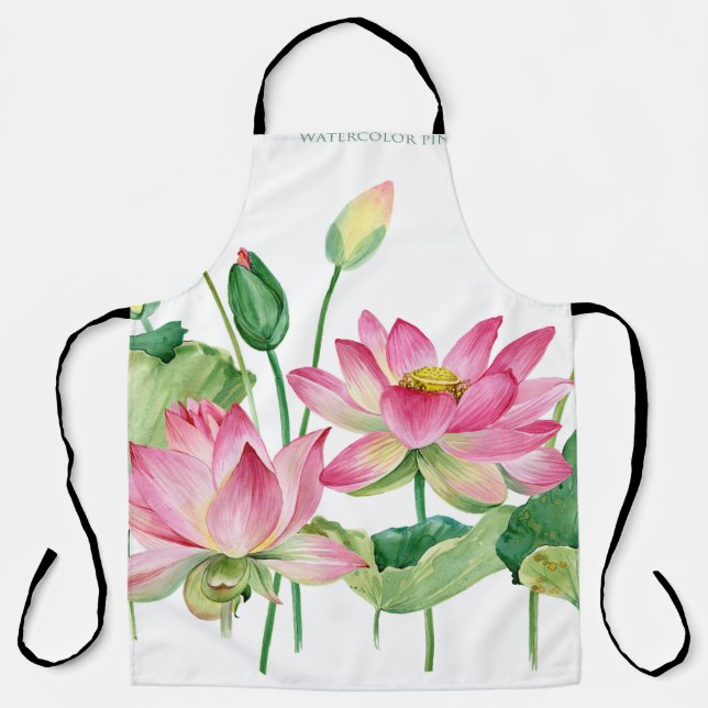 Pink Lotus Watercolor Border Apron (Front)