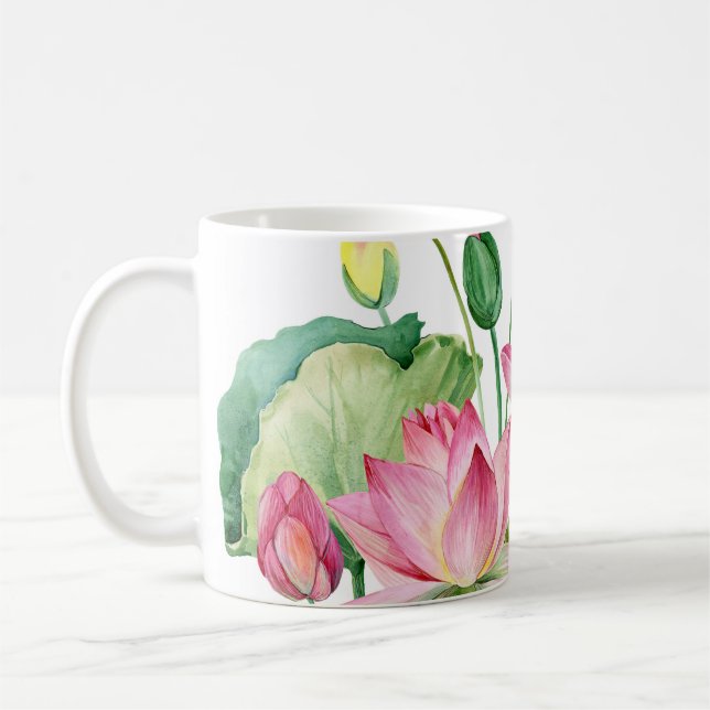 Pink Lotus Watercolor Border Coffee Mug (Left)