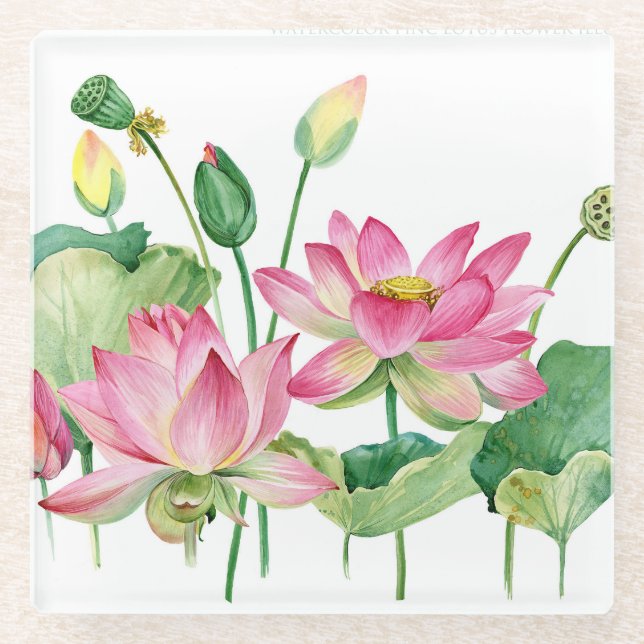 Pink Lotus Watercolor Border Glass Coaster (Front)