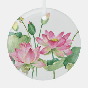 Pink Lotus Watercolor Border Glass Tree Decoration