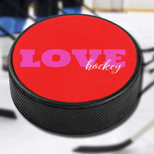 Pink LOVE ( add your text) Neon Red Valentine Gift Hockey Puck