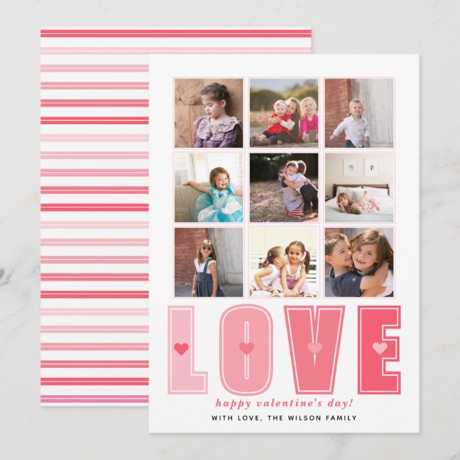 Pink LOVE and hearts Valentines Day nine photos Holiday Card (Front/Back)