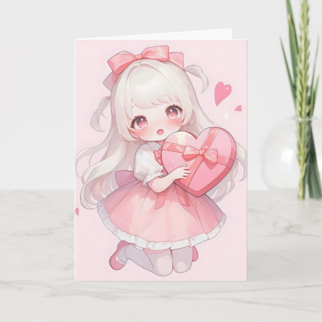 Pink Love Anime Girl Kawaii Holiday Card (Front)