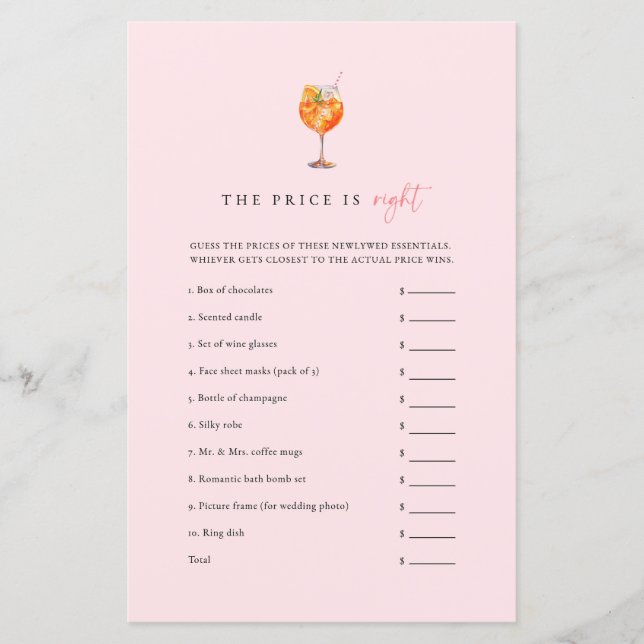 Pink Love at First Spritz The Price Is Right Game (Front)