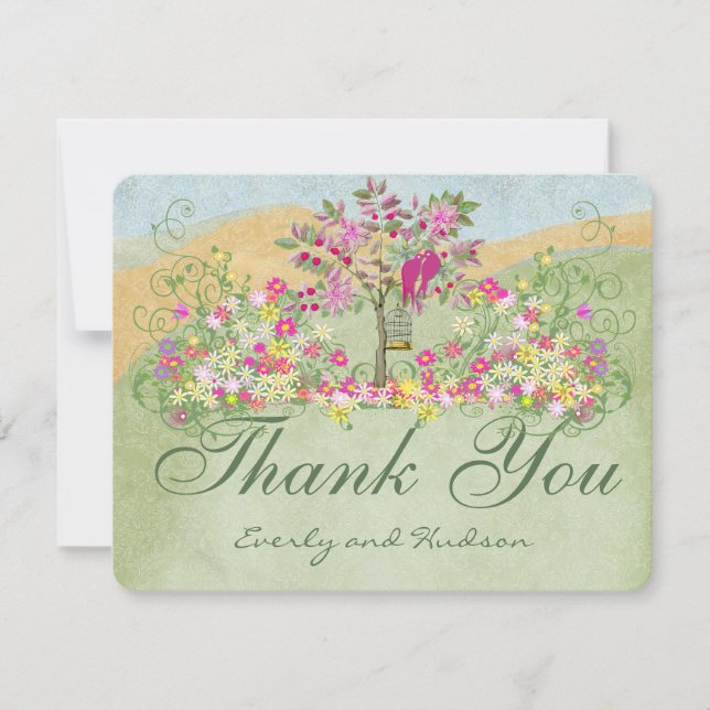 Pink Love Bird Flower Swirl Wedding Thank You Card (Front)