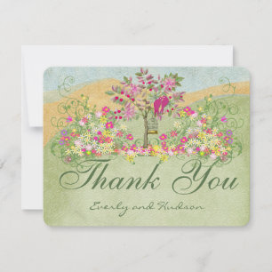 Pink Love Bird Flower Swirl Wedding Thank You Card
