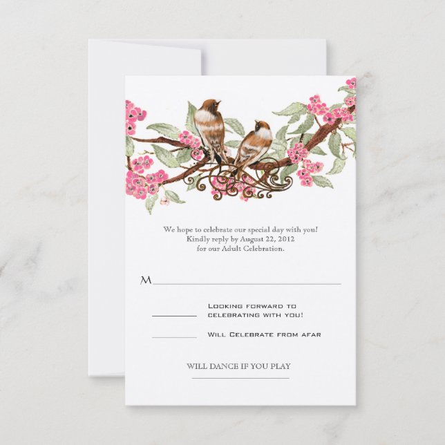 Pink Love Bird Wedding RSVP (Front)