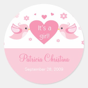 Pink Love Birds Baby Birth Announcement Classic Round Sticker