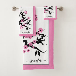 Pink love birds cherry tree, blossoms pink border bath towel set