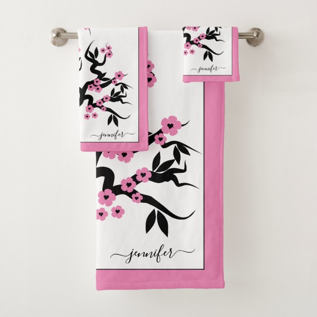 Pink love birds cherry tree, blossoms pink border bath towel set (Insitu)