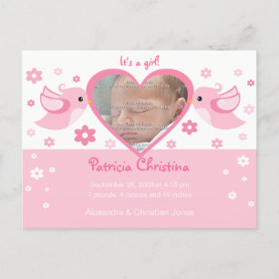 Pink Love Birds Photo Baby Birth Announcement Postcard