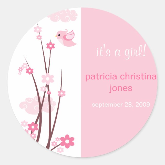 Pink Love Birds Spring Flowers Baby Announcement Classic Round Sticker (Front)