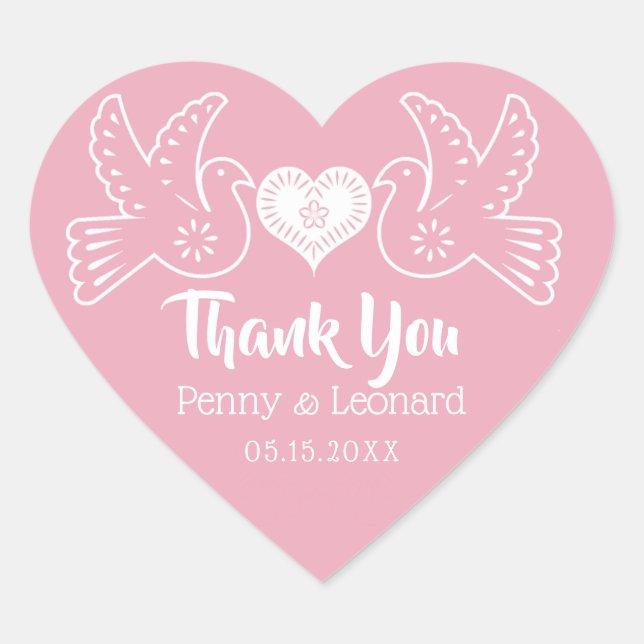 Pink Love Birds Thank You Mexican Wedding Favour Heart Sticker (Front)