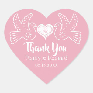 Pink Love Birds Thank You Mexican Wedding Favour Heart Sticker