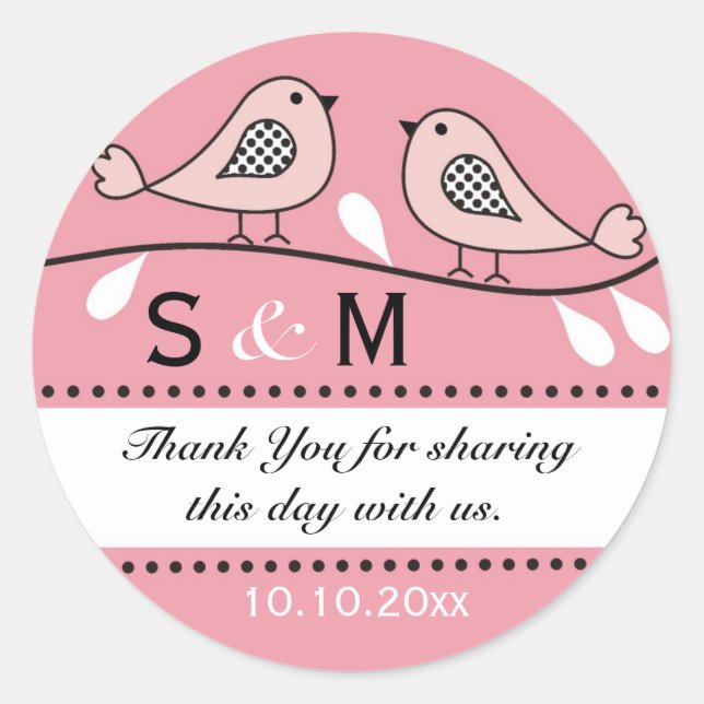 Pink Love Birds Wedding Favour Monogrammed Classic Round Sticker (Front)